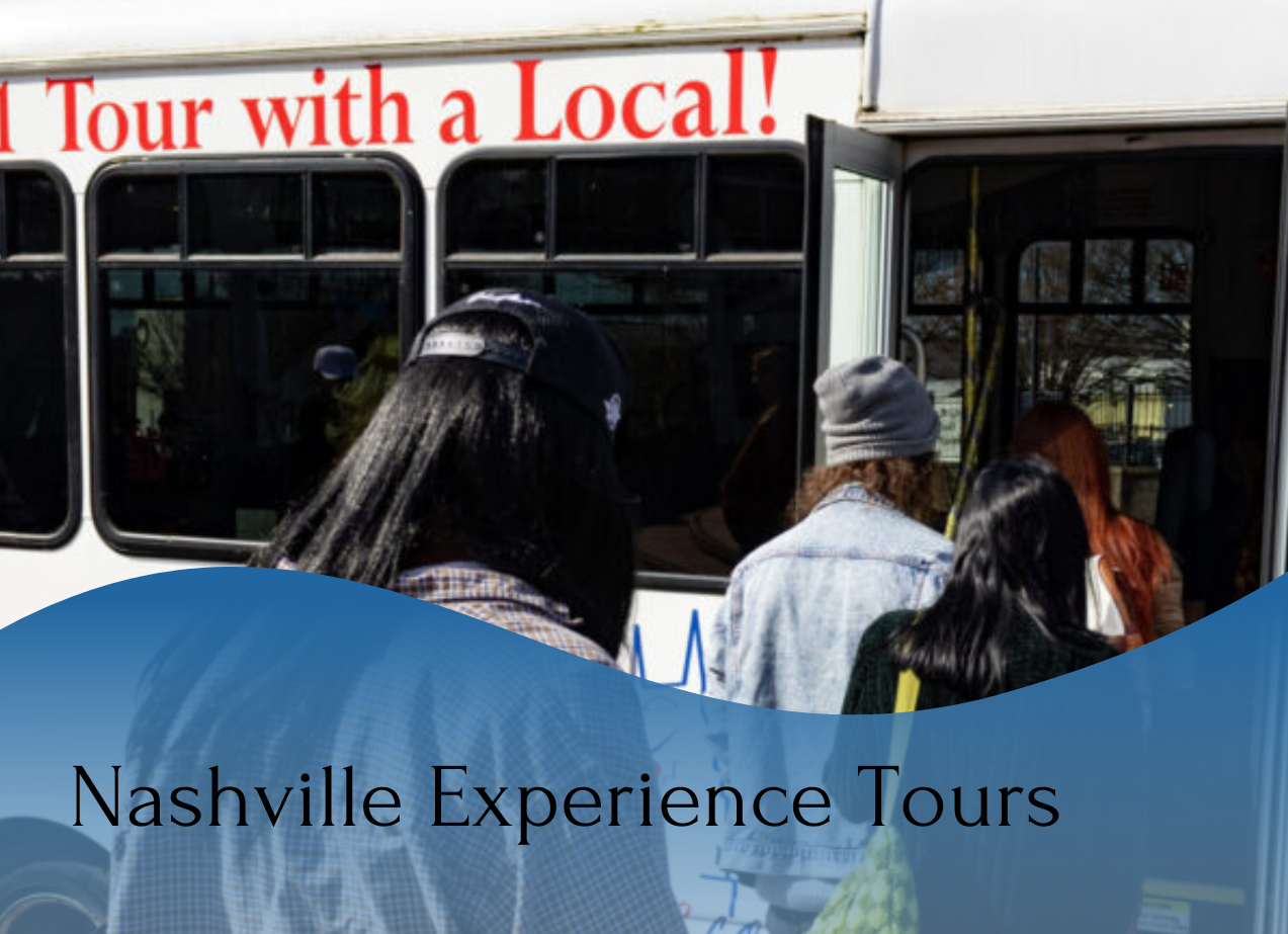 A group of people hopping on a bus and a written texts of " Nashville Experience Tours"