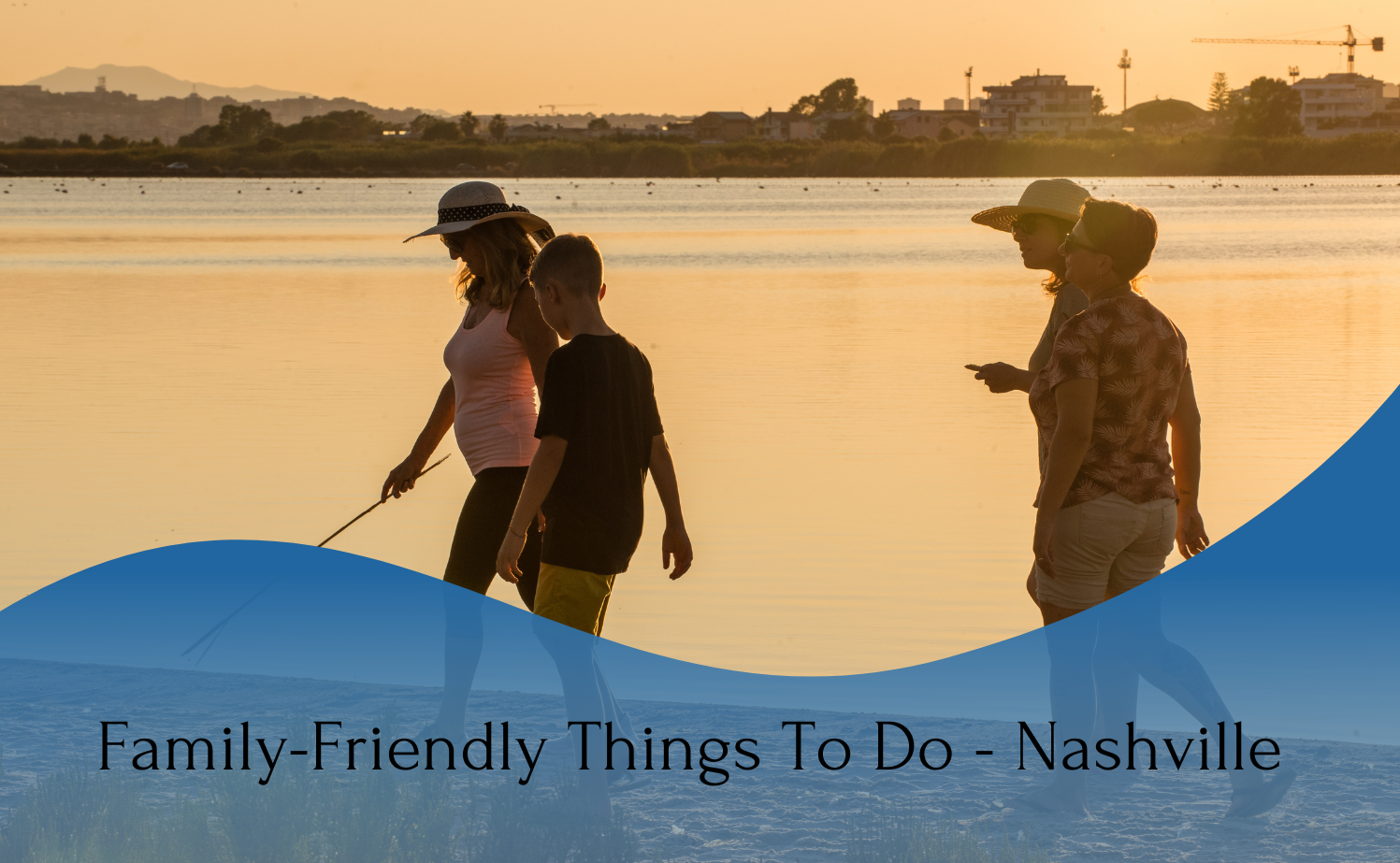 A family enjoying a tranquil walk by the lakeside at sunset, exploring the natural beauty of nashville's outdoors.