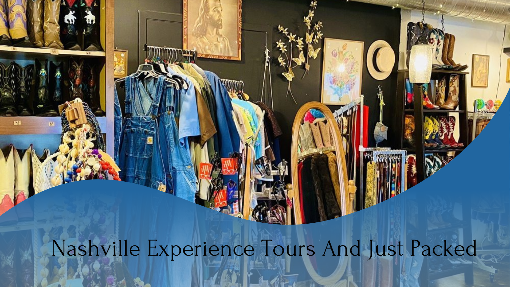 A vibrant thrift store interior showcasing a variety of clothing items and a written text of "Nashville Experience Tours and Just Packed".